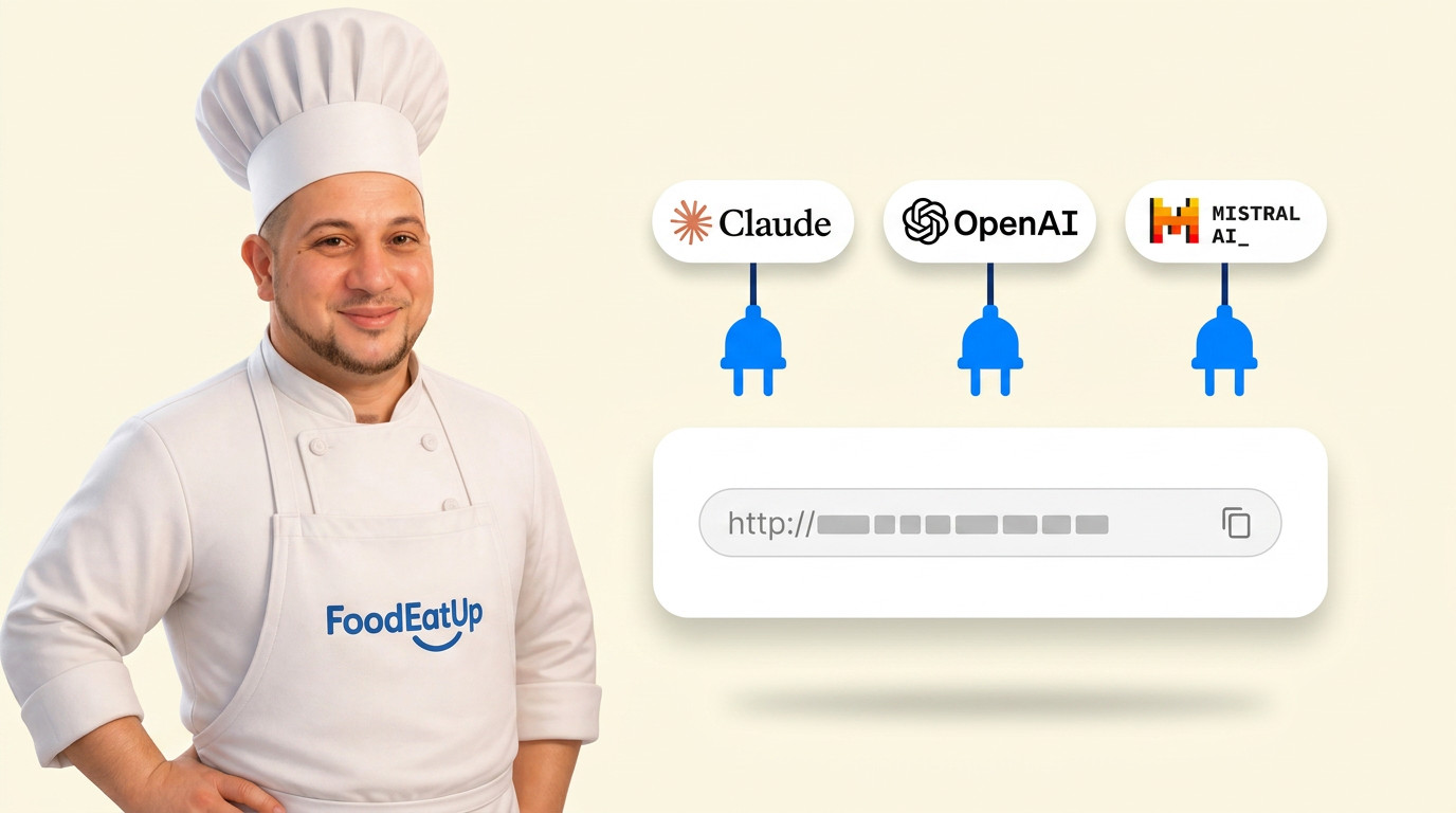Le chef FoodEatUp montre l'URL du connecteur à copier vers Claude, ChatGPT et Mistral