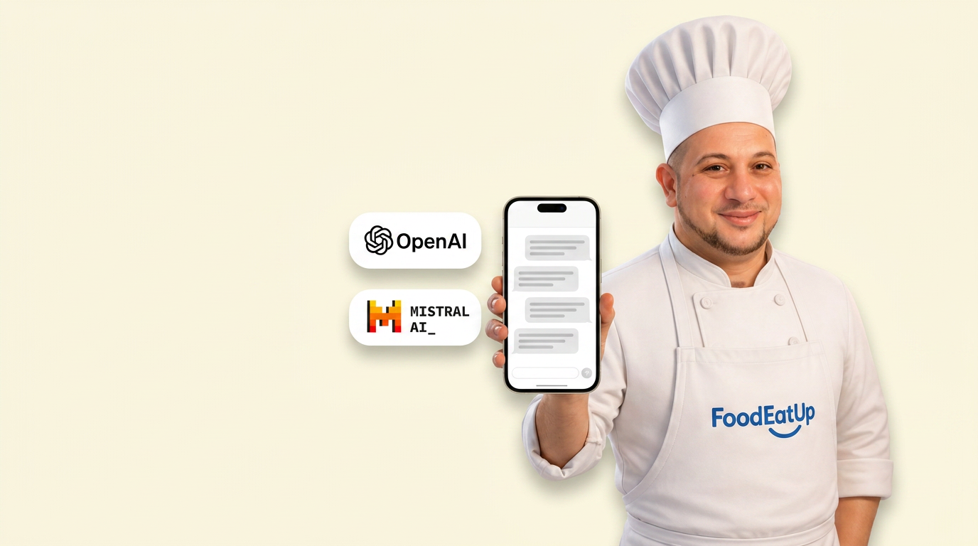 Le chef FoodEatUp montre l'assistant IA sur un smartphone