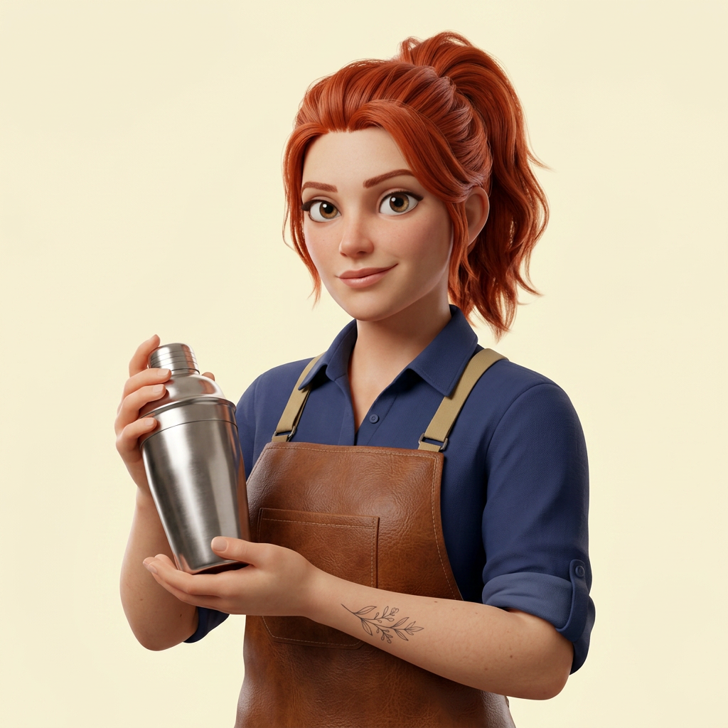 Illustration d'une barmaid en tablier de cuir tenant un shaker