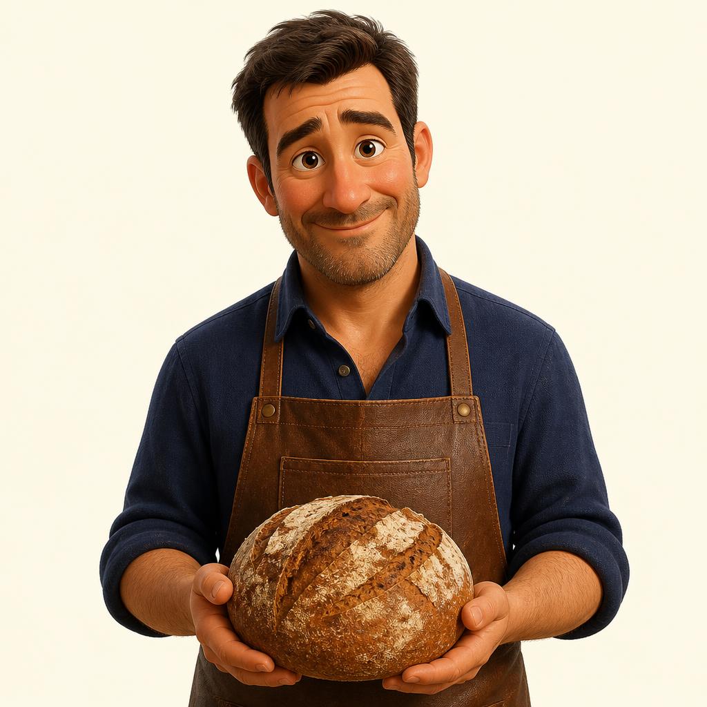 Illustration d'un boulanger en tablier de toile devant son four