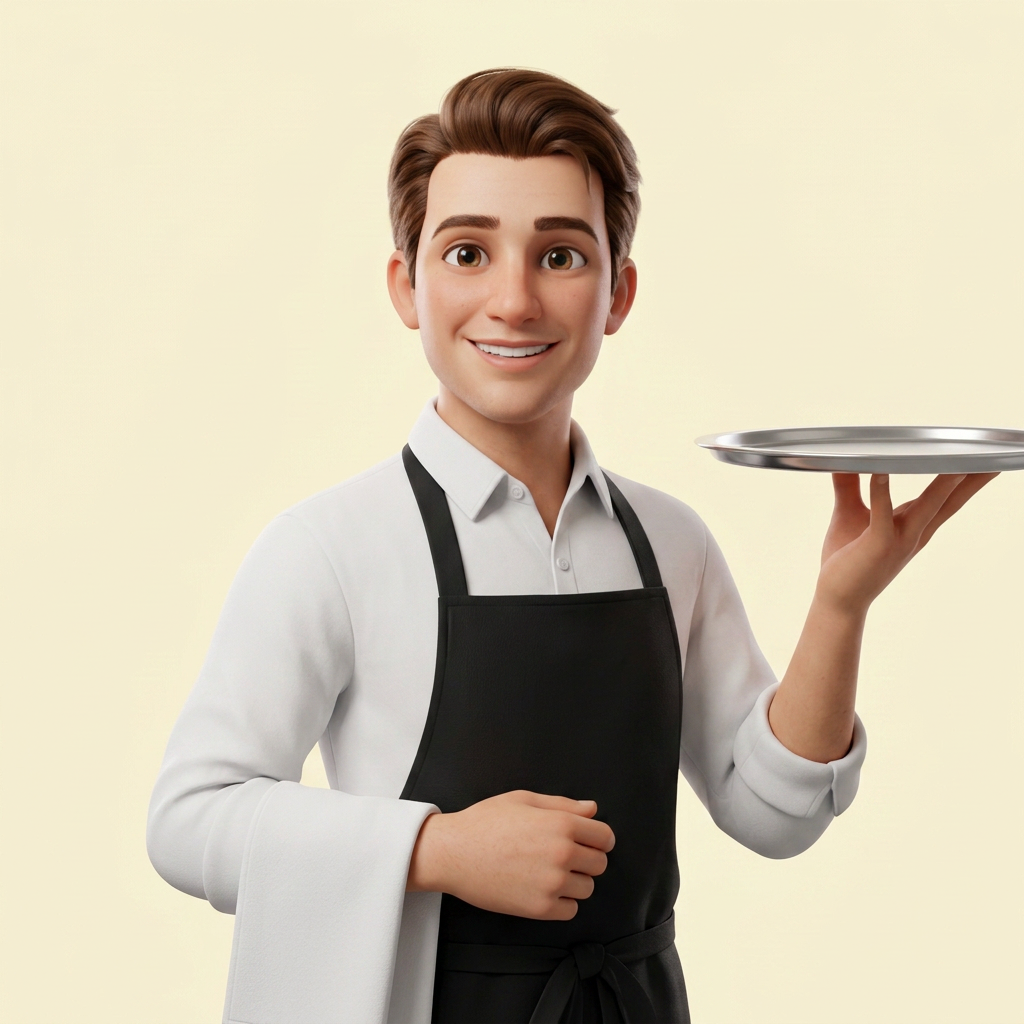 Illustration d'un chef de rang en tablier noir portant un plateau