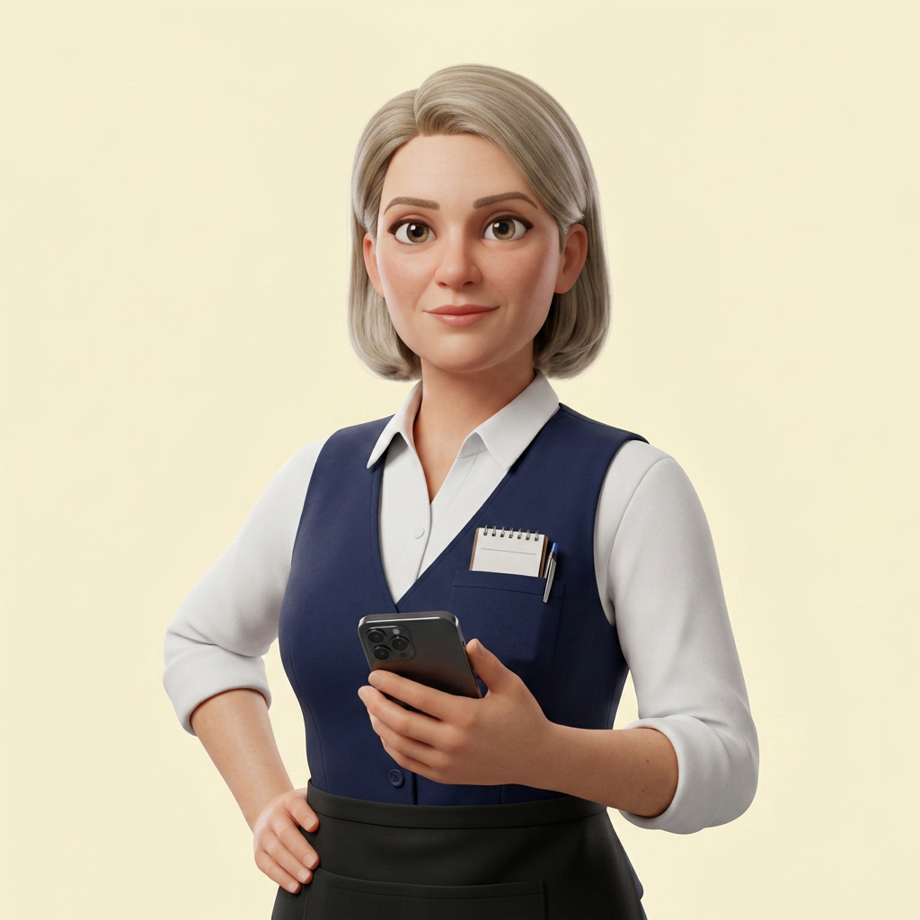 Illustration d'une cheffe de restaurant en gilet marine avec un téléphone