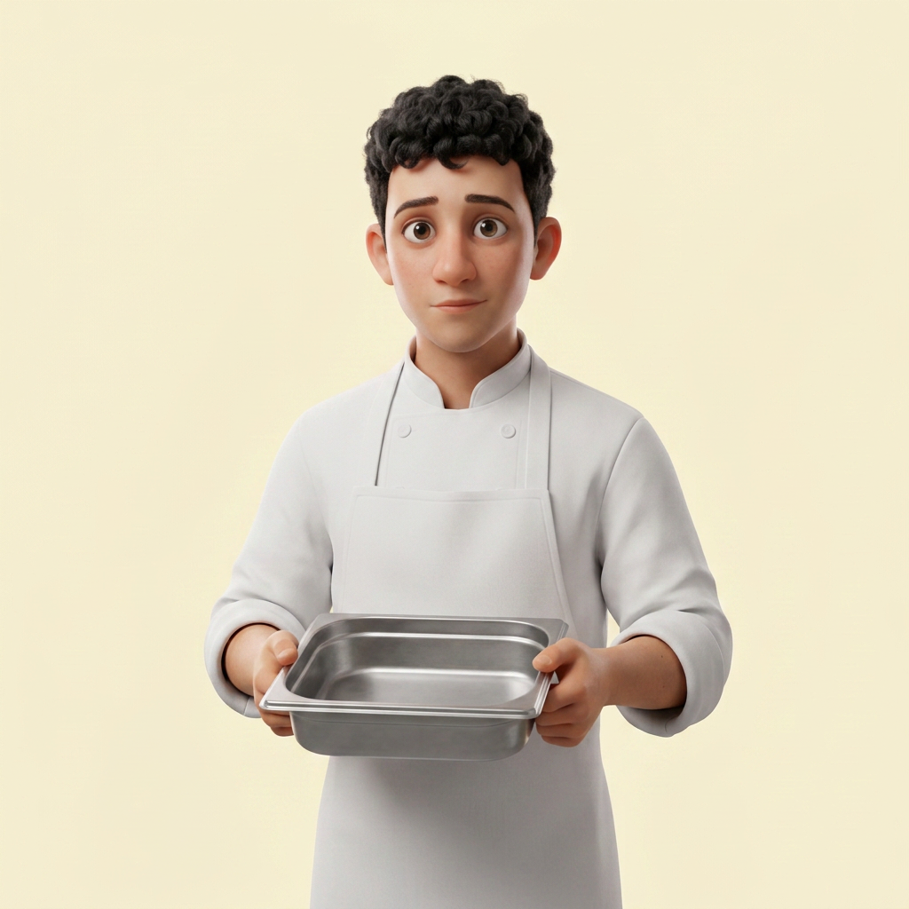 Illustration d'un jeune commis de cuisine tenant un bac gastro