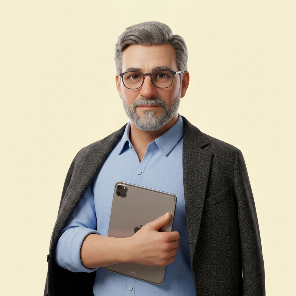 Illustration d'un directeur de restaurant en chemise claire tenant une tablette
