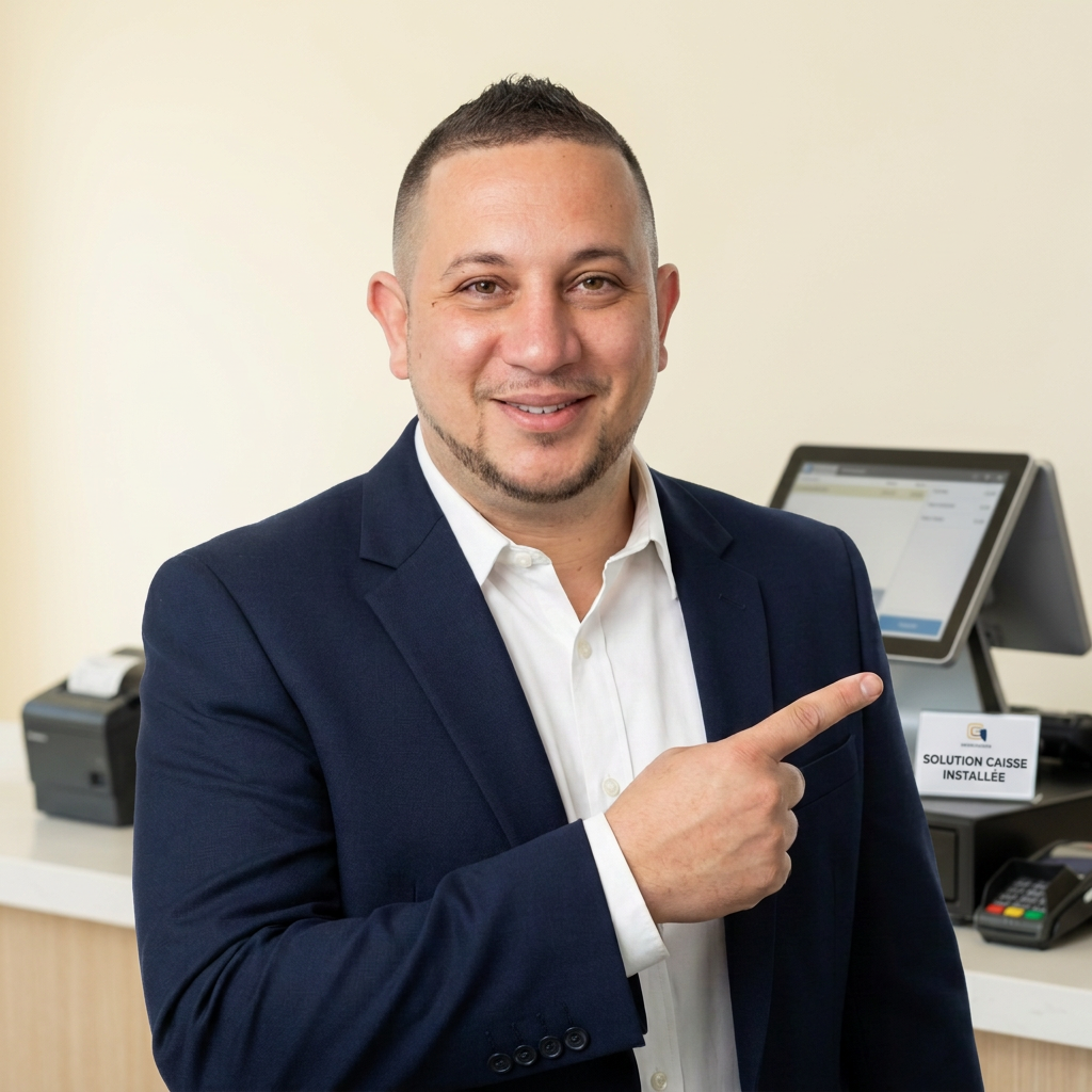 Illustration d'un installateur FoodEatUp raccordant un poste de caisse sur un comptoir