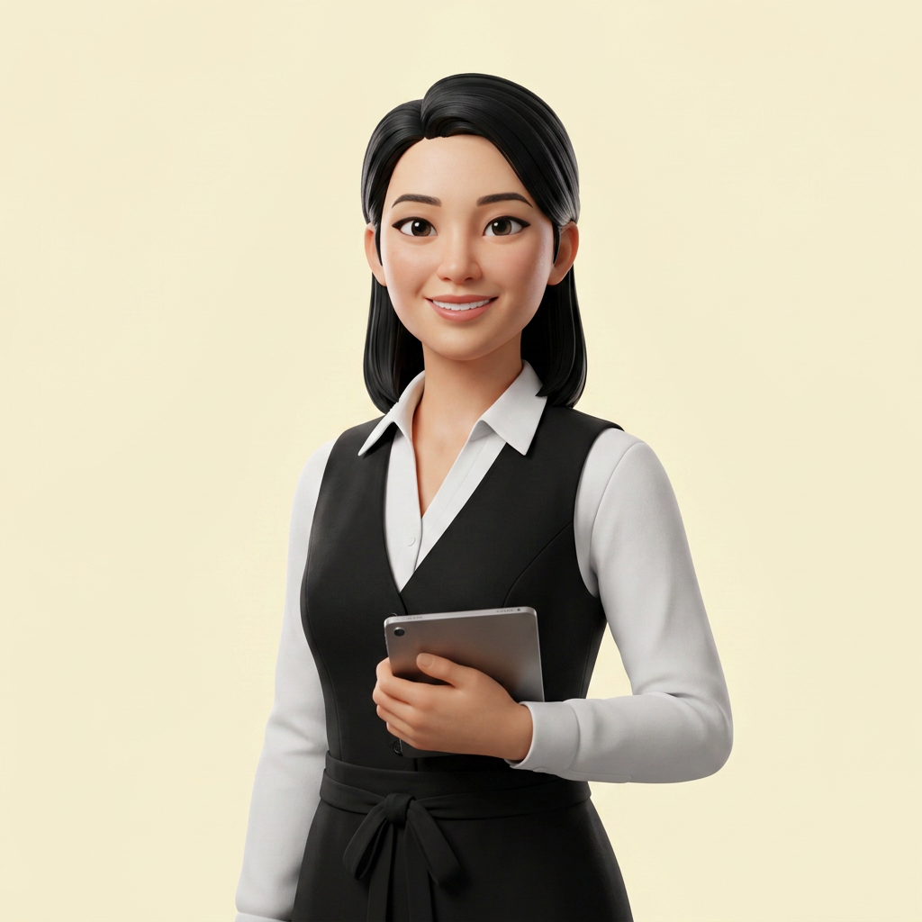 Illustration d'une responsable de salle en gilet noir tenant une tablette