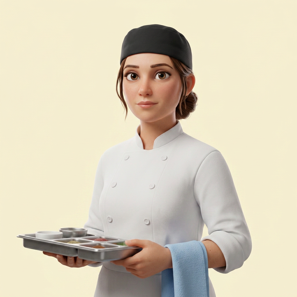 Illustration d'une seconde de cuisine en veste blanche avec une plaque de mise en place